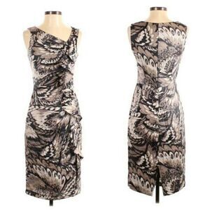 90's London Times Formal Bodycon Ruched Ruffled Wing Feather Print Brown‎ Sz 4